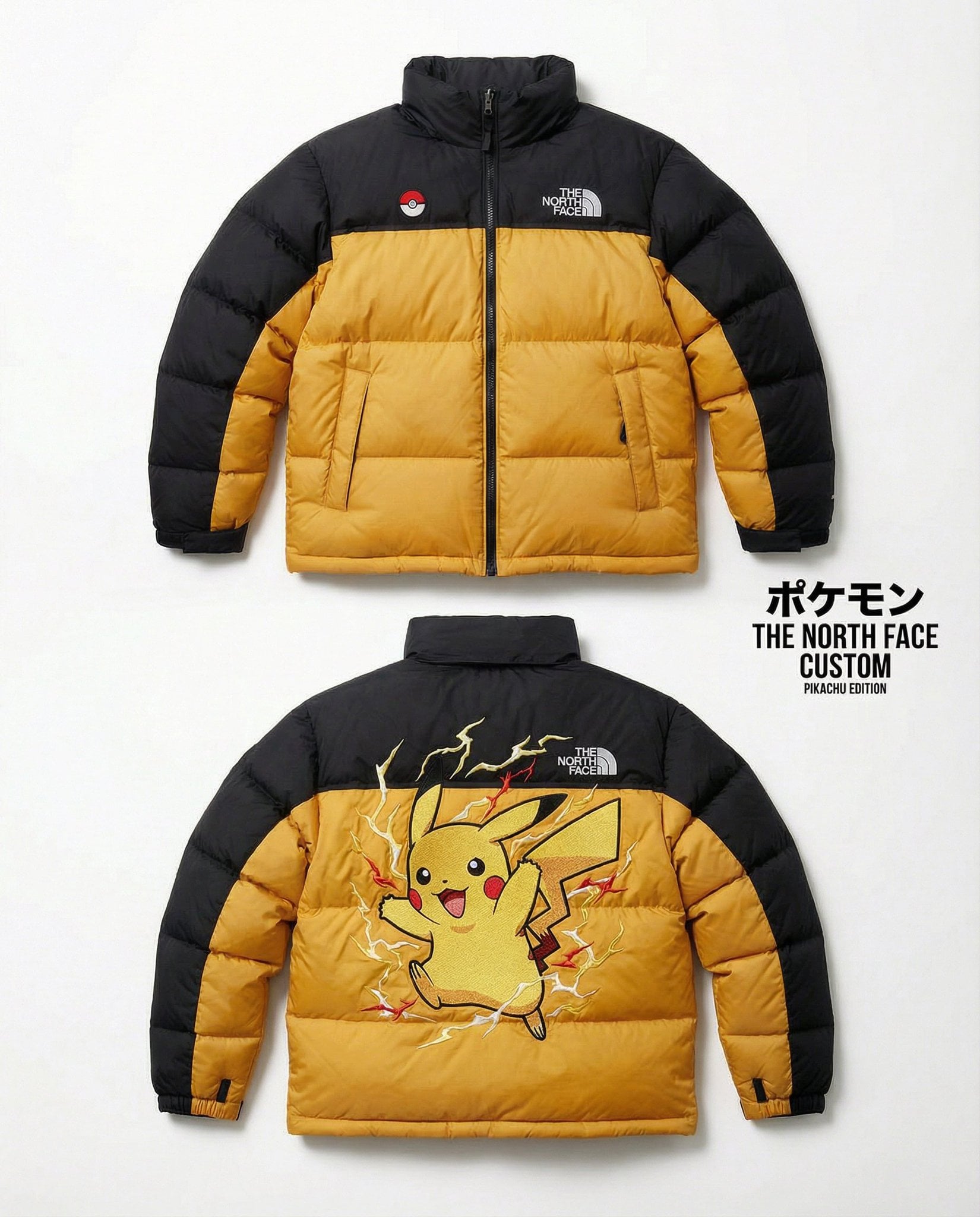 High-end editorial product shot of a custom The North Face Nuptse 700 puffer jacket inspired by [POKEMON]. Th…