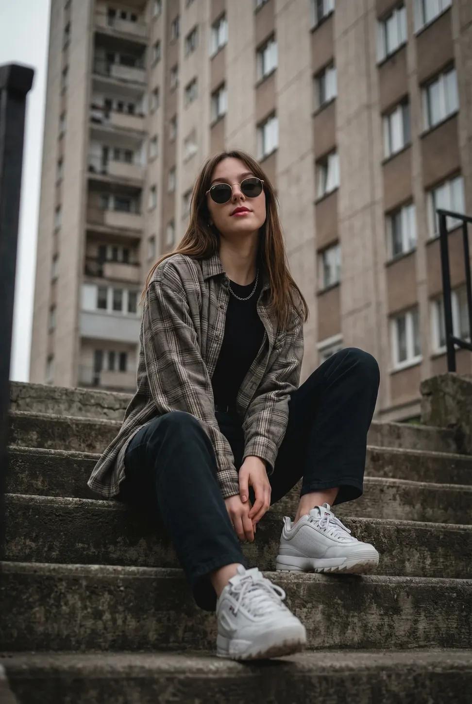 Young woman sitting casually on outdoor concrete stairs posing with a…