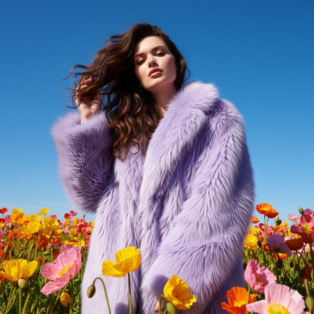 Create an eye-catching outdoor fashion portrait in a lively flower me…