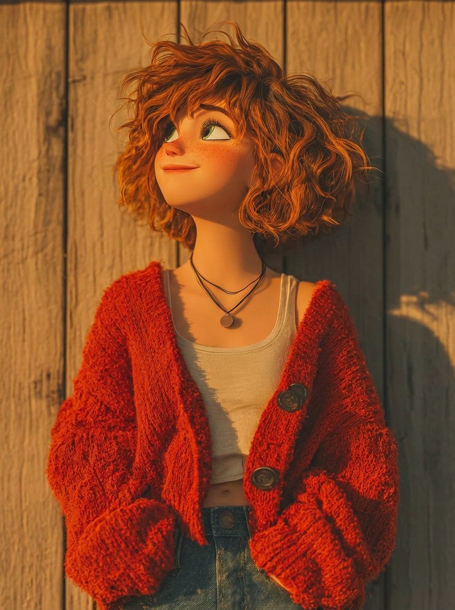 1. A stylized 3D animated girl with short messy curly ginger hair, li…