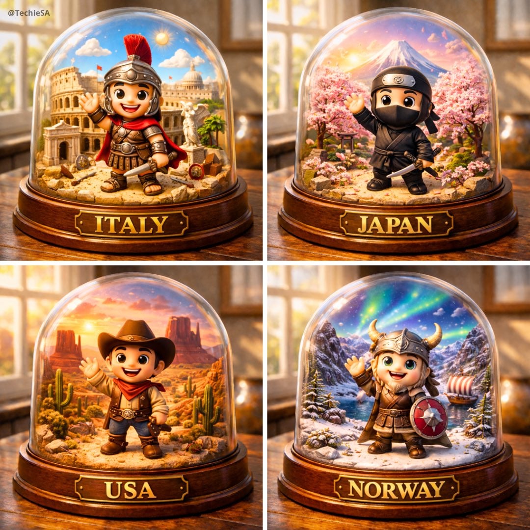 Create a highly detailed, hyper-realistic image of a miniature diorama inside a glass dome, placed on a woode…