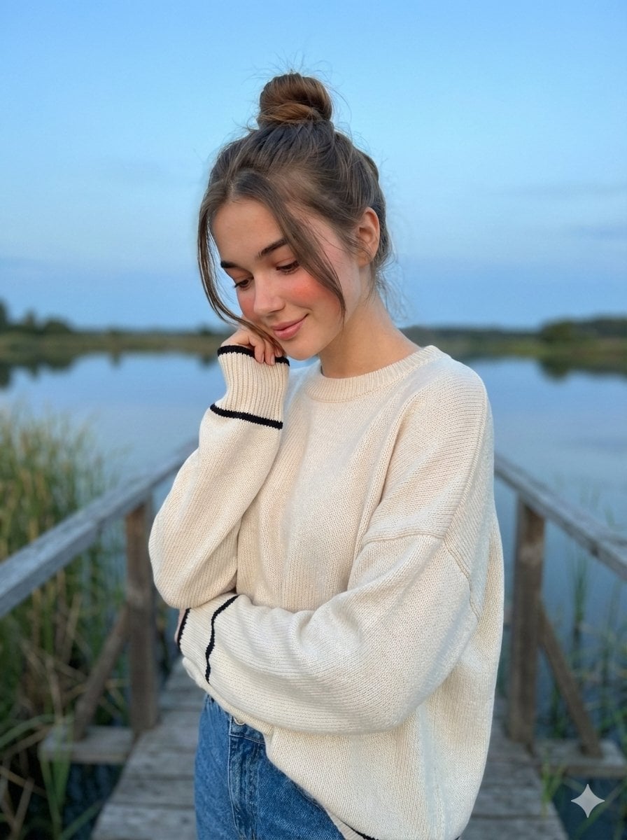 person Young woman facial features Soft natural features gentle smile…