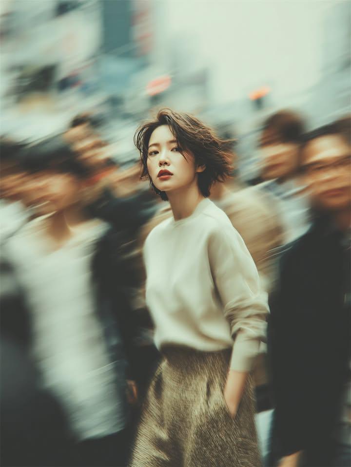 A cinematic street portrait of a young woman standing still in a busy…