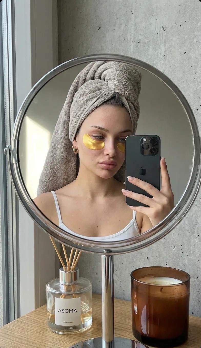 A highly realistic mirror selfie of a young woman taken through the r…