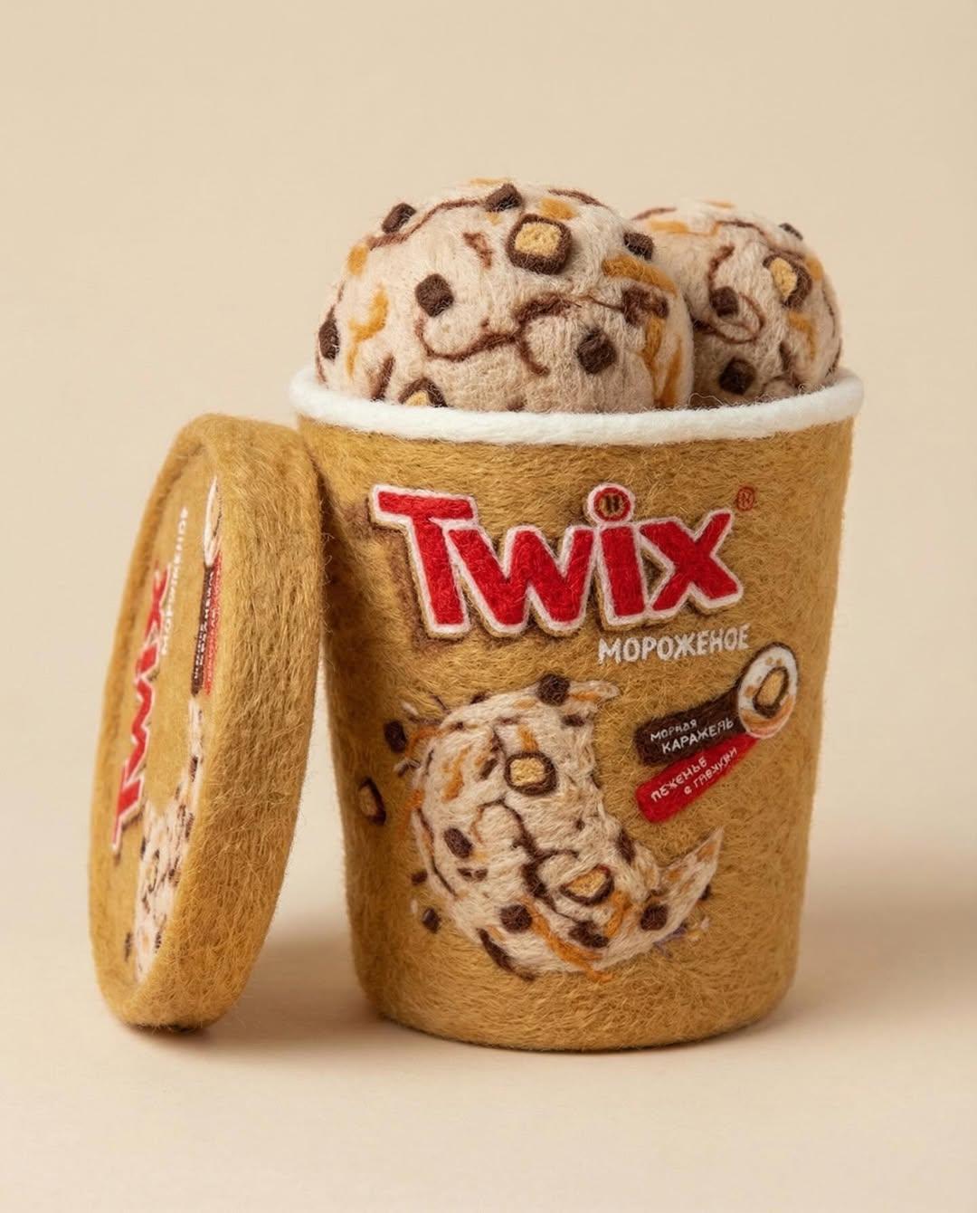 A realistic needle-felted sculpture of a product from a photo capture…