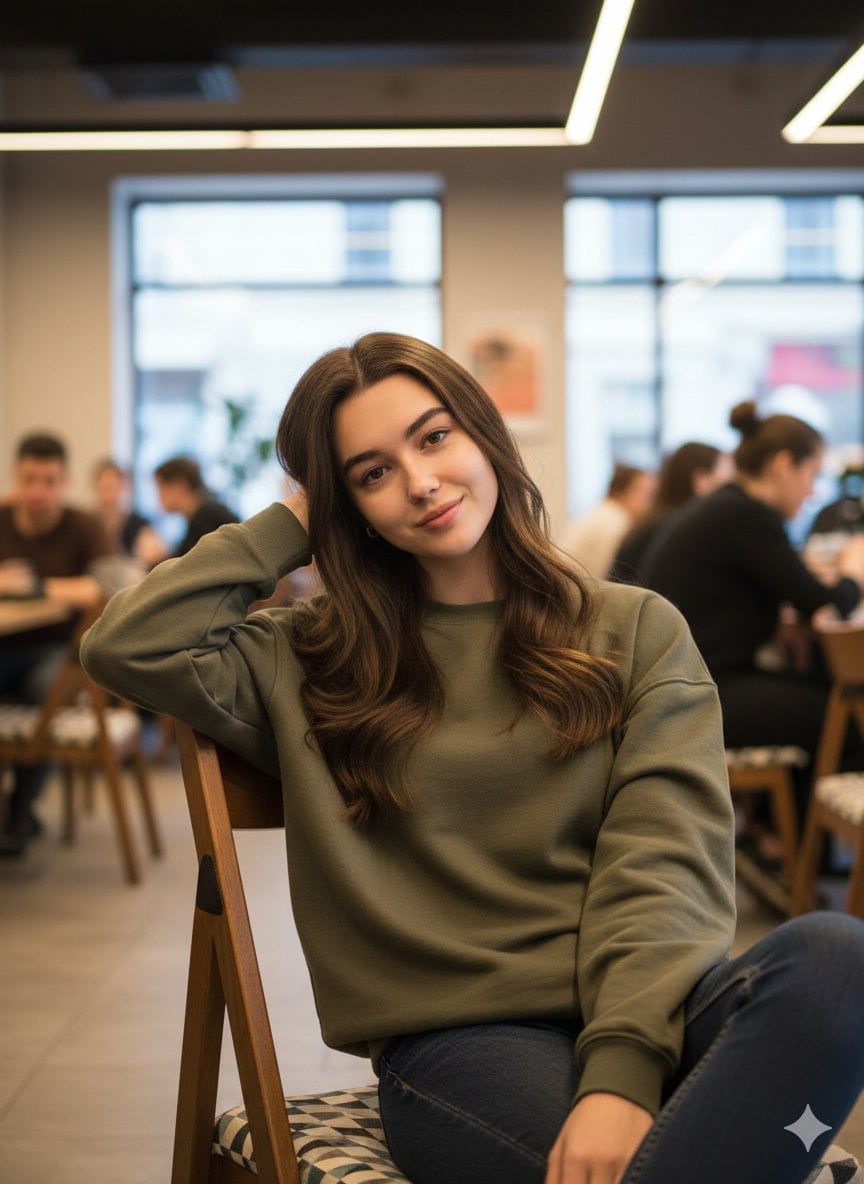Ultra-realistic indoor lifestyle portrait of a young woman sitting in a modern café relaxed candid pose with…