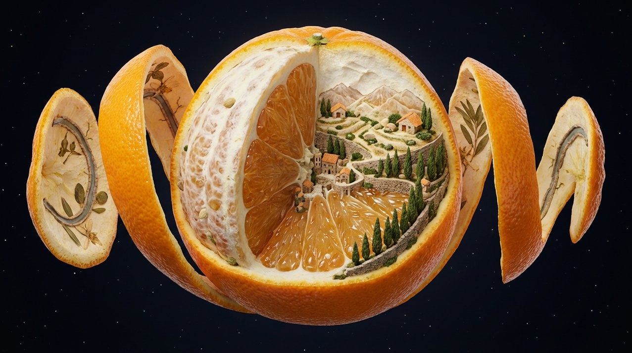 A single [OBJECT] suspended in space, frozen mid-peel as its outer sk…