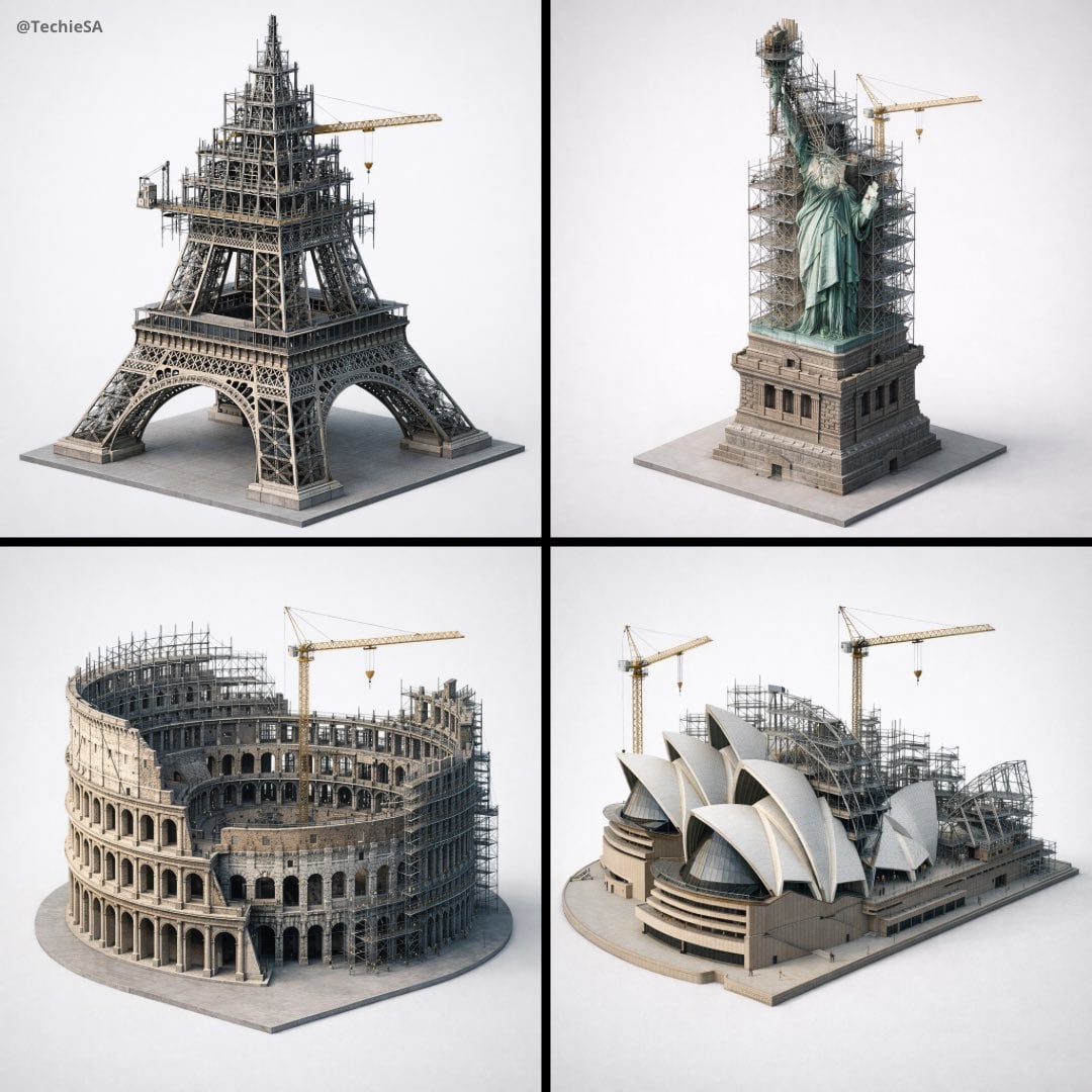 Depict [LANDMARK] frozen in an eternal state of construction. Camera…