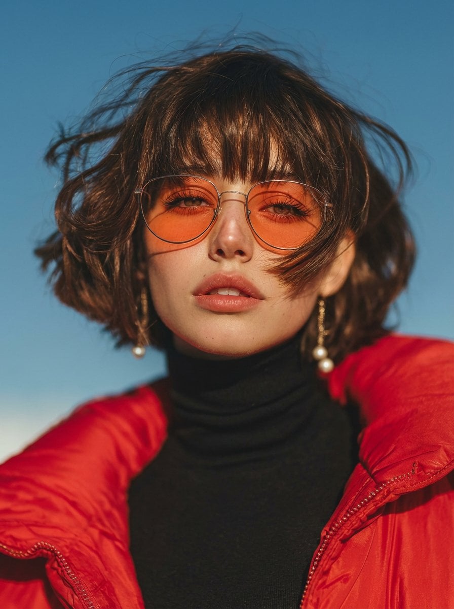 A cinematic fashion portrait of a young woman with a short wavy bob h…