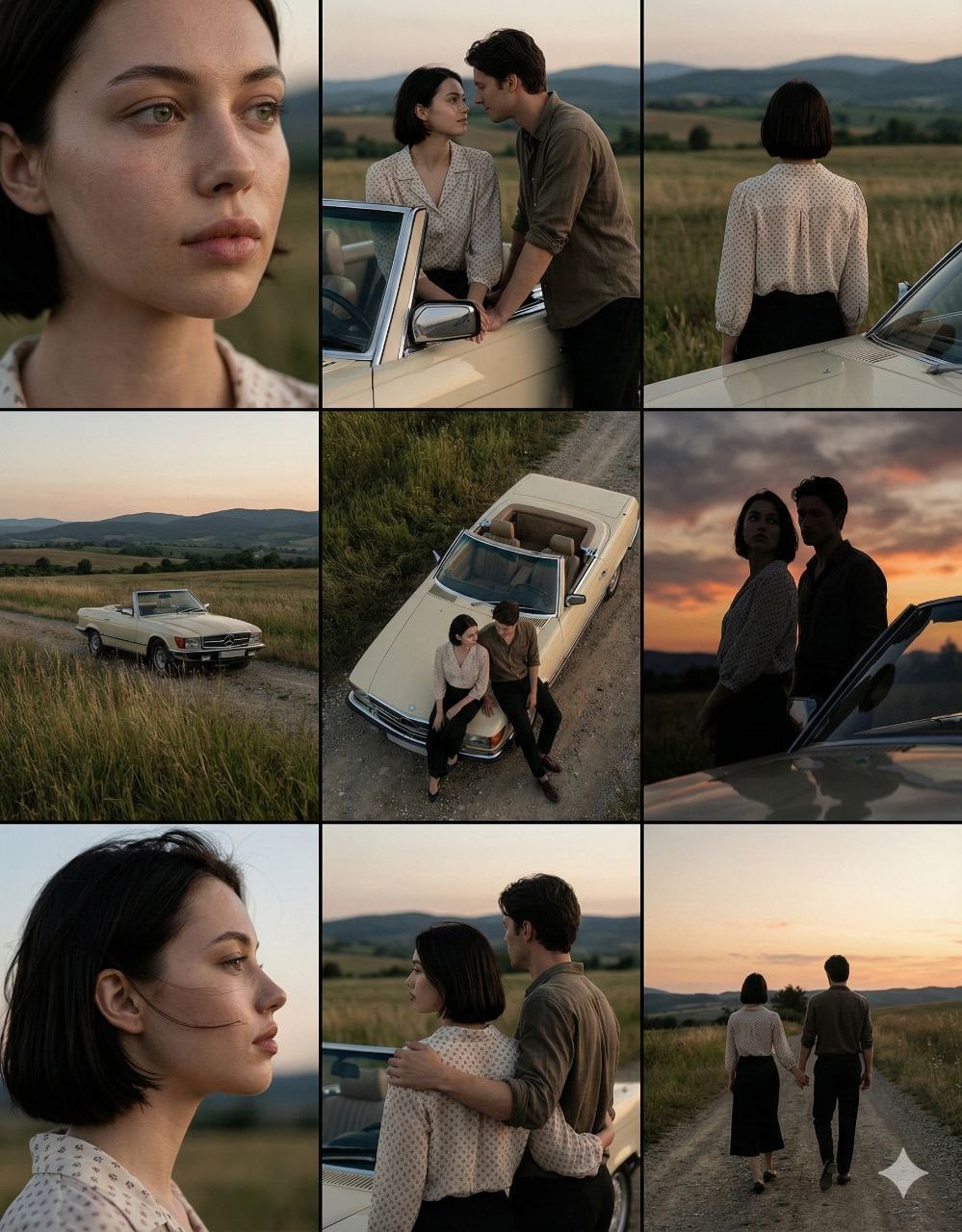 A cinematic 3×3 grid of film-still frames featuring the same couple during a quiet countryside road stop at d…
