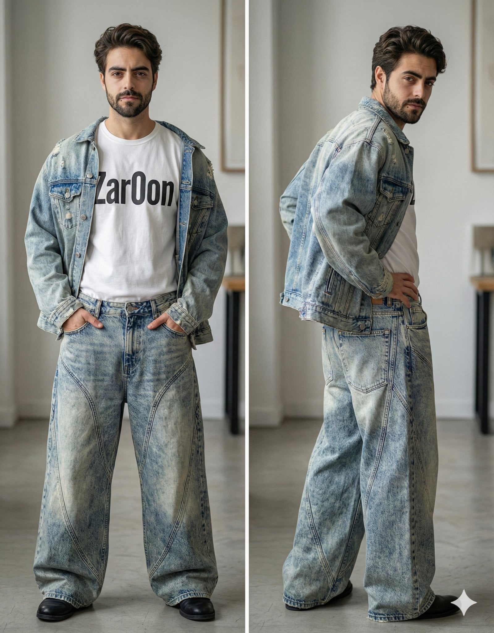 Beard. Makeup is minimal and natural, emphasizing clear skin and subtle lip color. The outfit is contemporary…