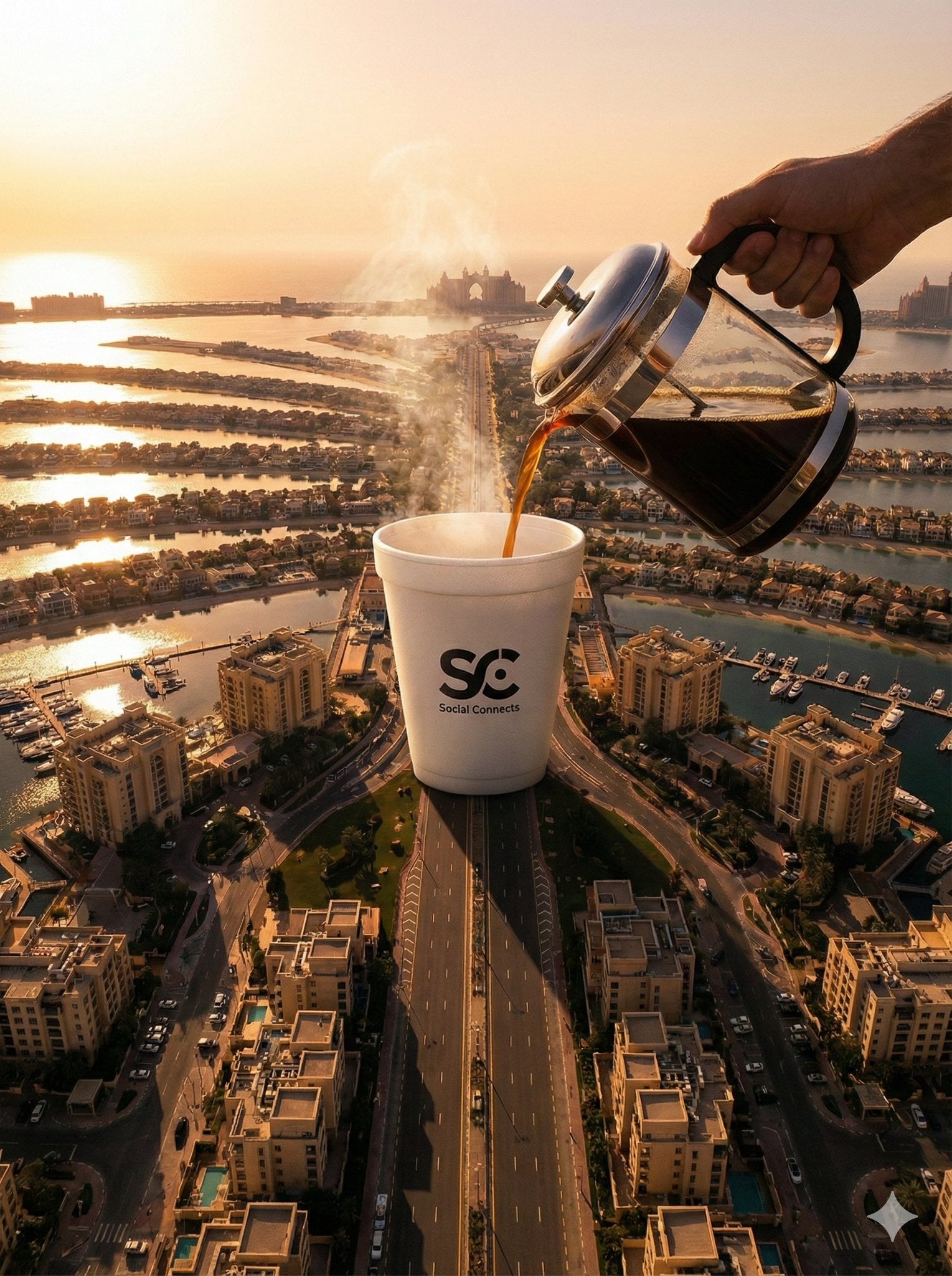 An aerial photograph captures a surreal scene where a giant white foam cup, branded with the 'SC Social Conne…