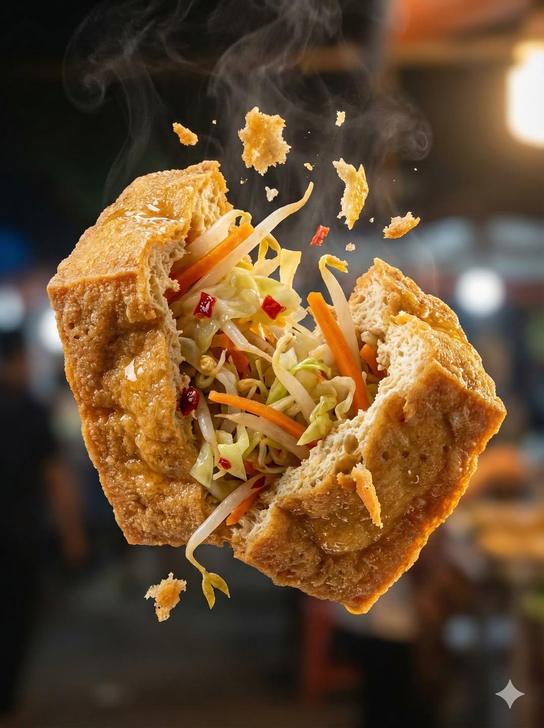 "Macro food photography of a crispy martabak telur tearing open mid-a…