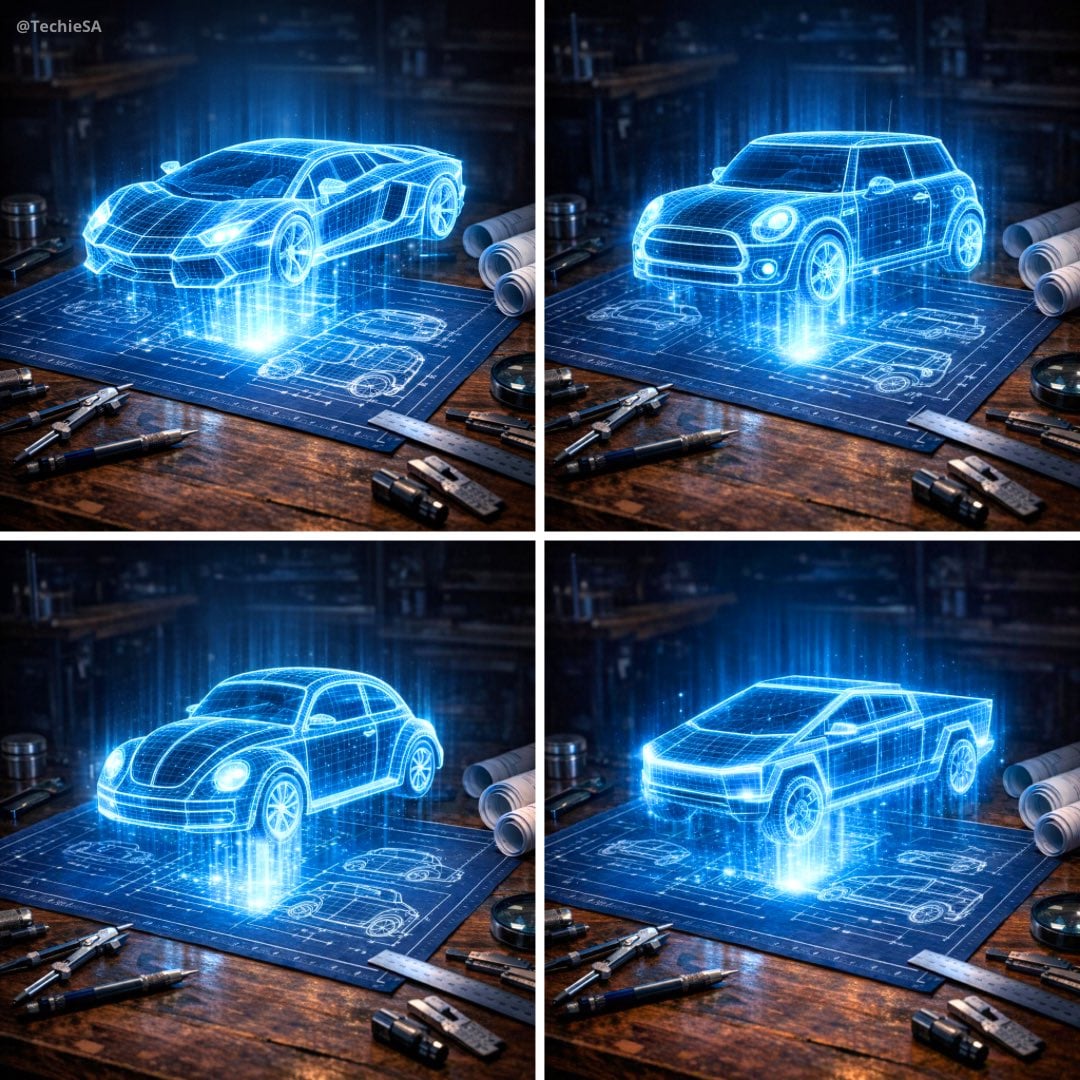 Create a hyper-realistic 3D holographic blueprint projection of a [CA…