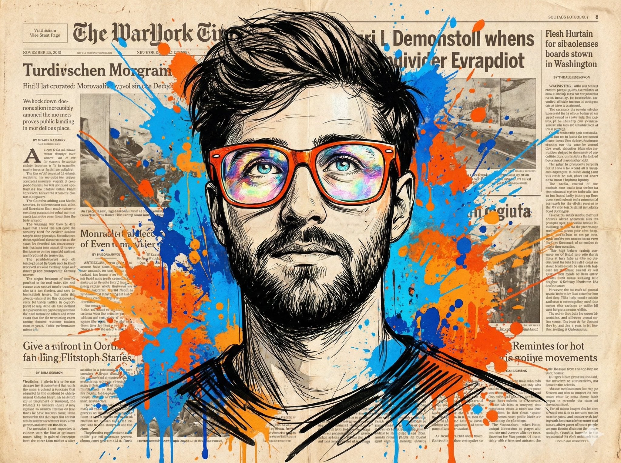 Vibrant expressive portrait of a man looking upwards with wonder, wearing oversized bright orange-red glasses…