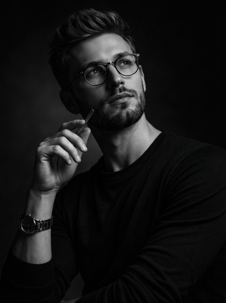 A dramatic black and white studio portrait of a thoughtful man with s…