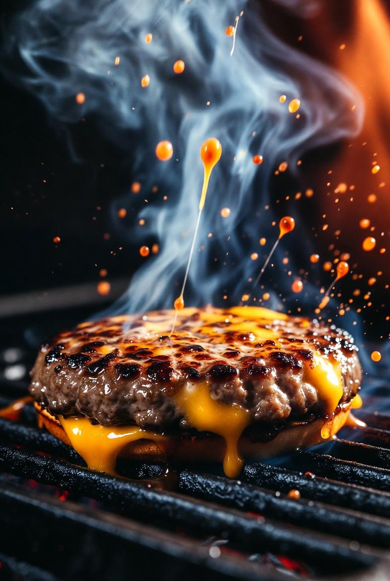 A hyper-realistic, cinematic close-up of a sizzling gourmet cheesebur…