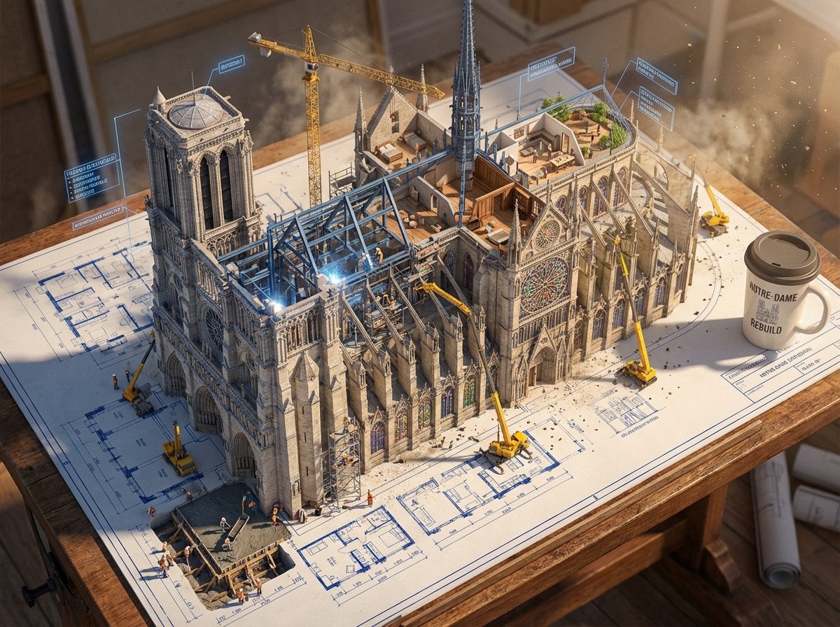Epic 3D scene: a massive architectural blueprint of [BUILDING/STRUCTU…