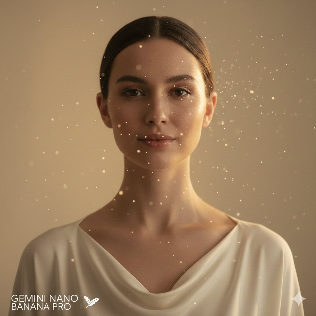 Calm eyes, simple elegance. A high-fashion close-up portrait of a wom…