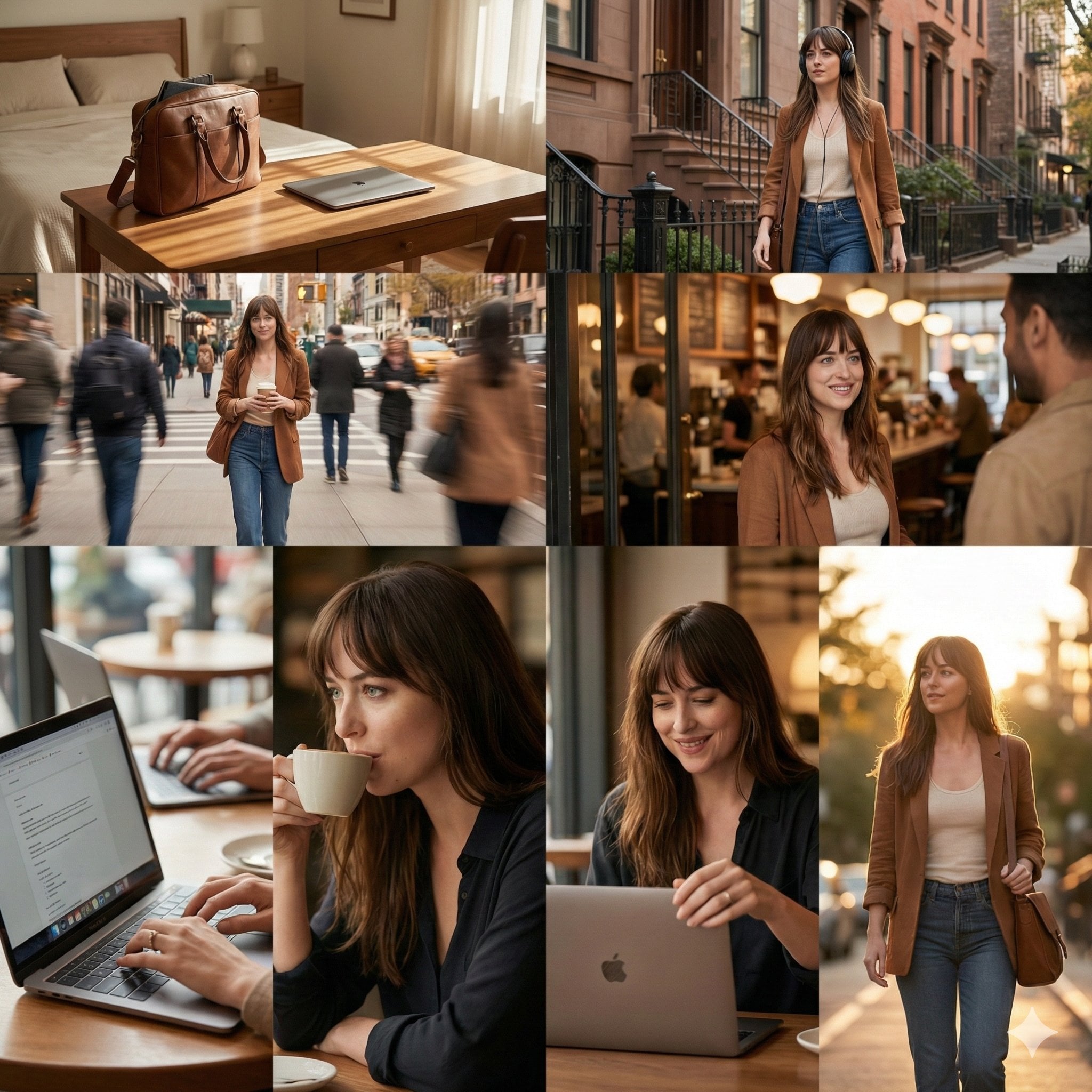cinematic 8-photo storytelling collage featuring the same girl throughout the journey. Frame 1: Bedroom desk…