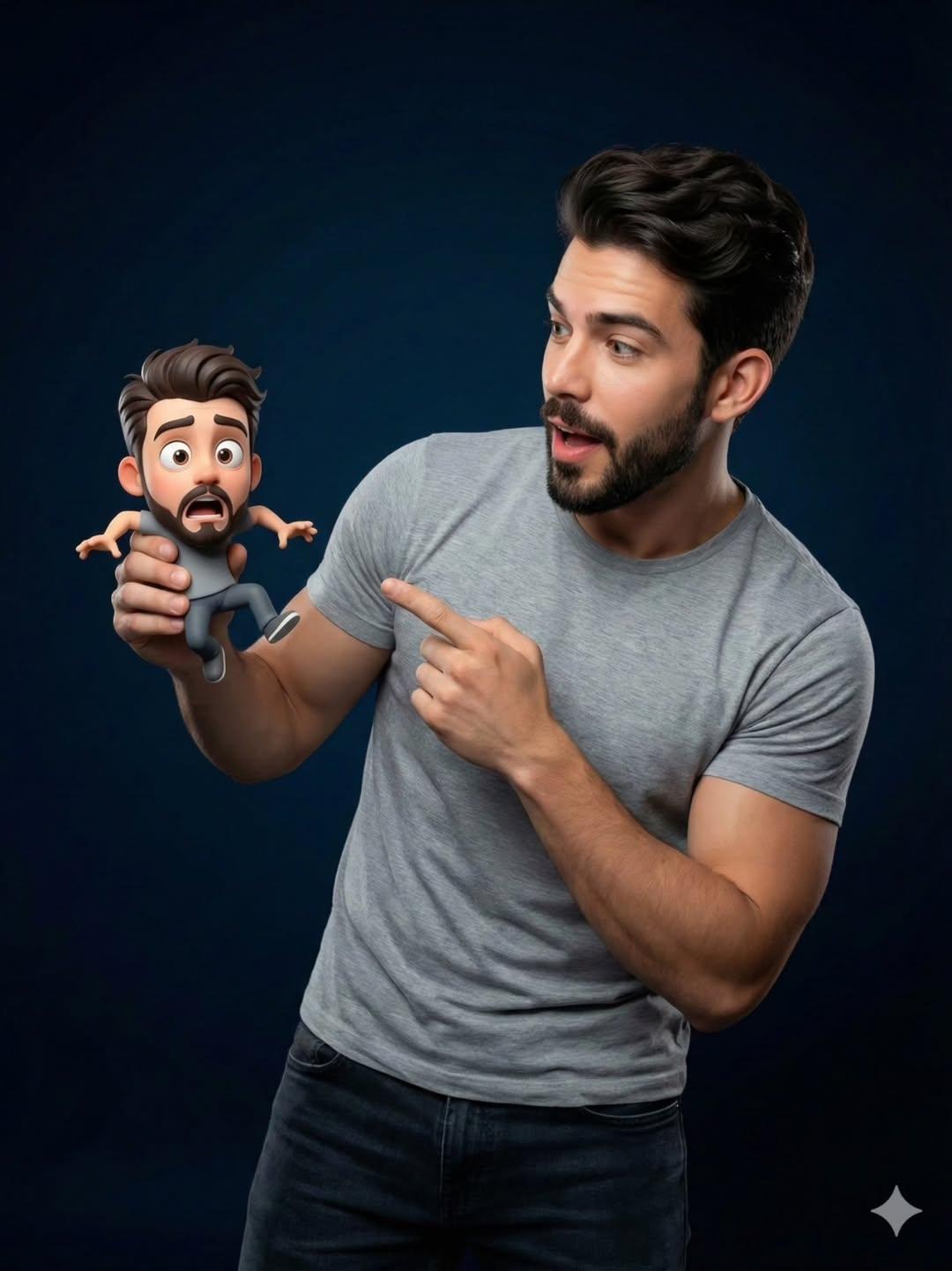 Objective Create a studio portrait blending a real human with a tiny Pixar- 3D cartoon version of themselves…