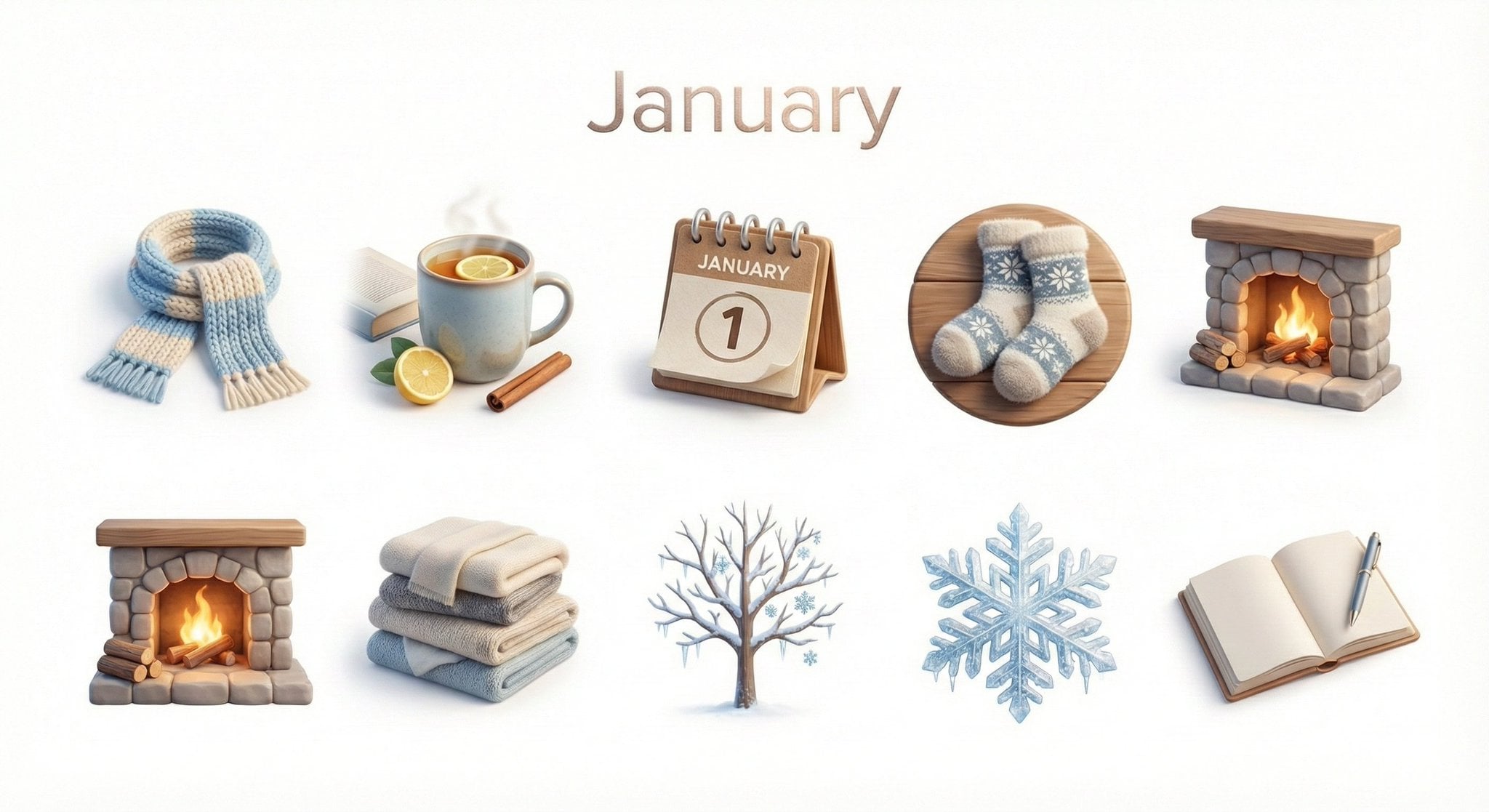 Create a collection of icons representing [Month] through objects, sy…
