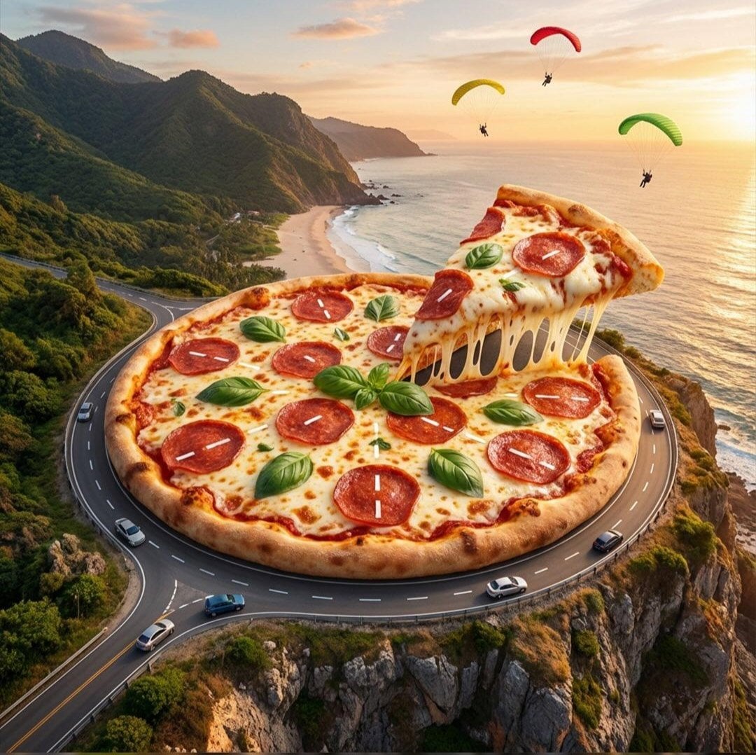 Objective Create a surreal hyper-detailed fantasy world where pizza becomes an integral part of landscapes an…