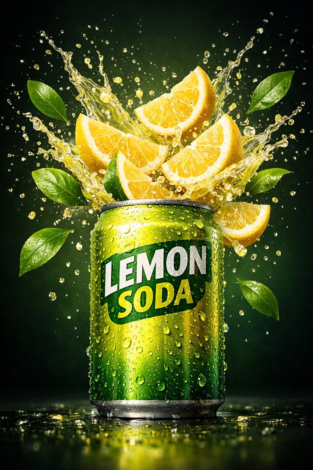 A hyper-realistic commercial product shot of a lemon soda can, with f…