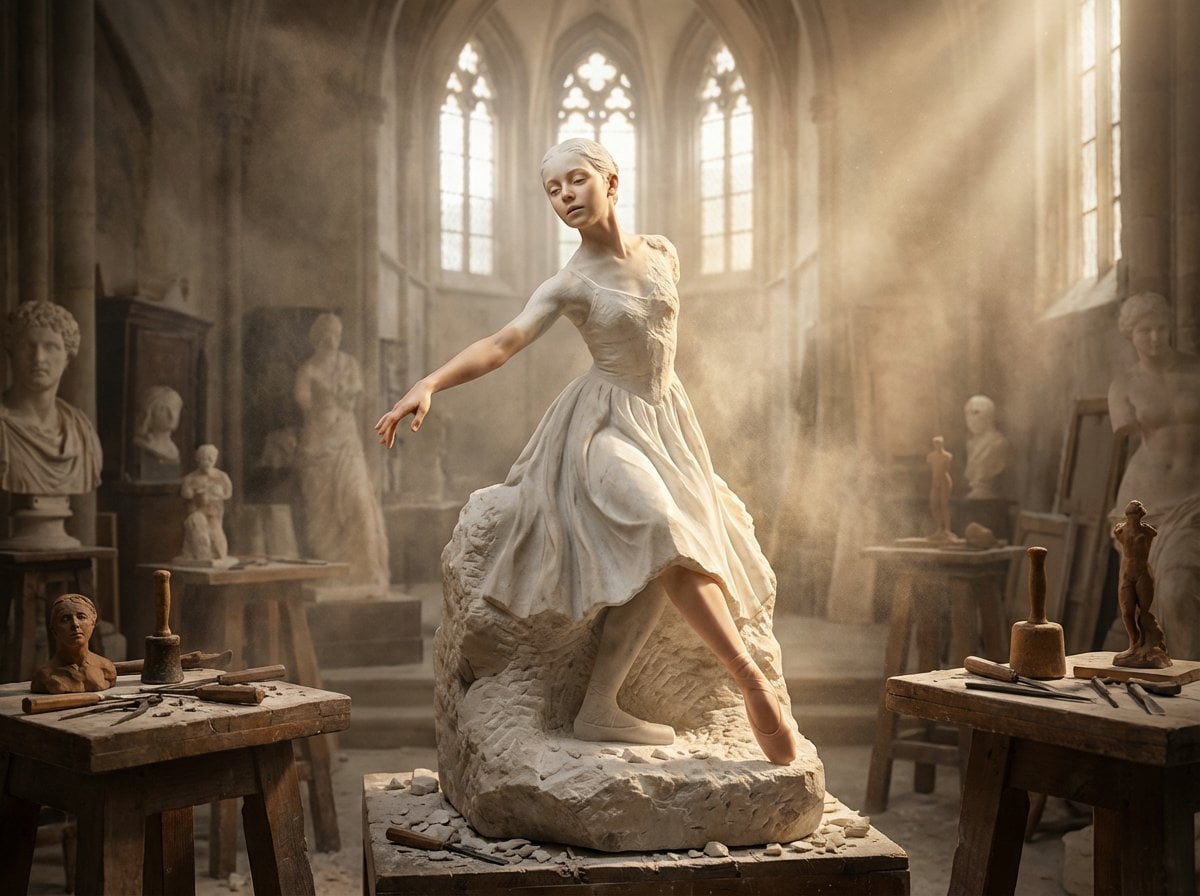 A half-finished marble sculpture in a dusty Renaissance workshop, wit…