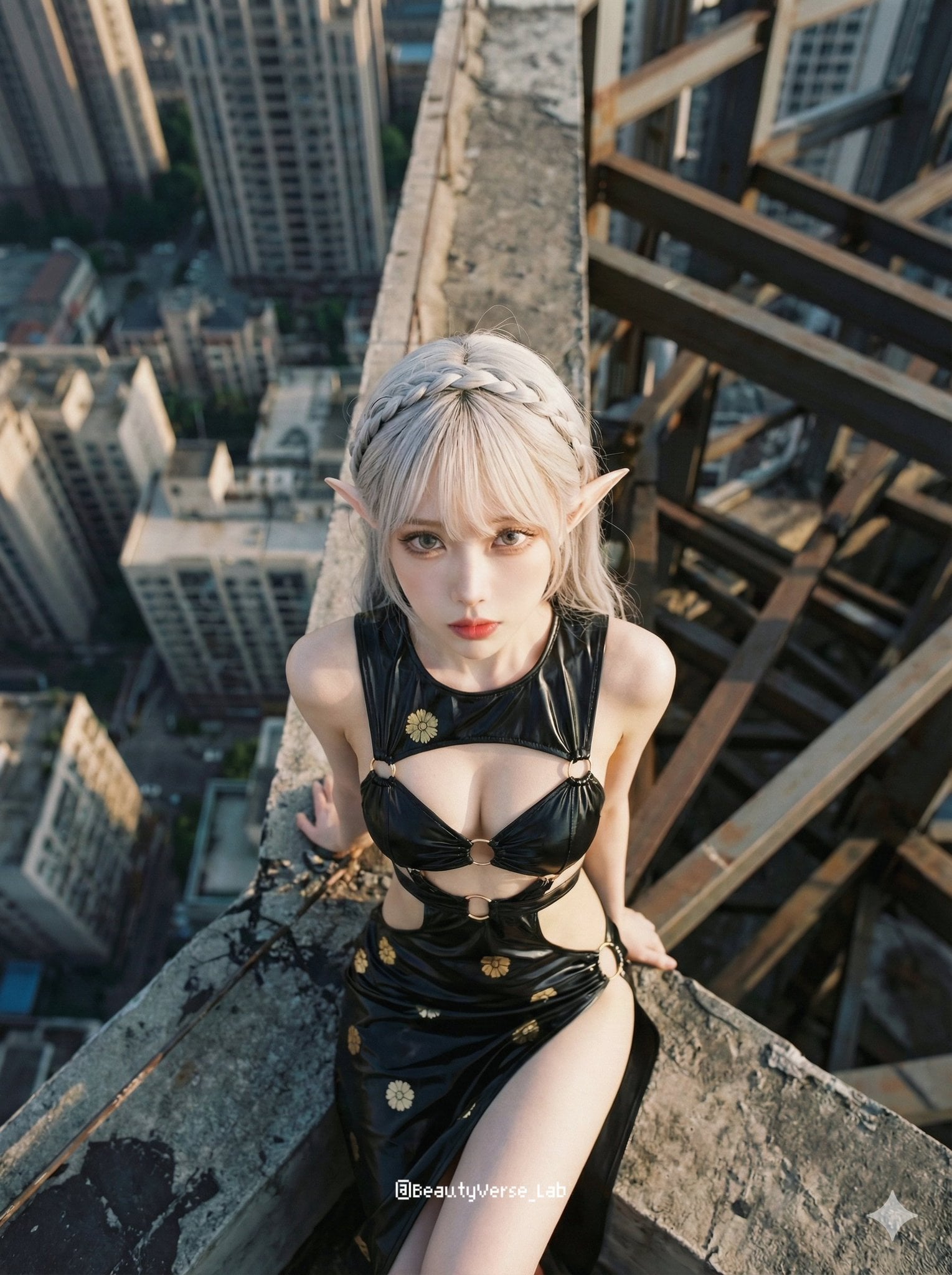 Cinematic film still **extreme top-down MEDIUM shot**. The woman is p…