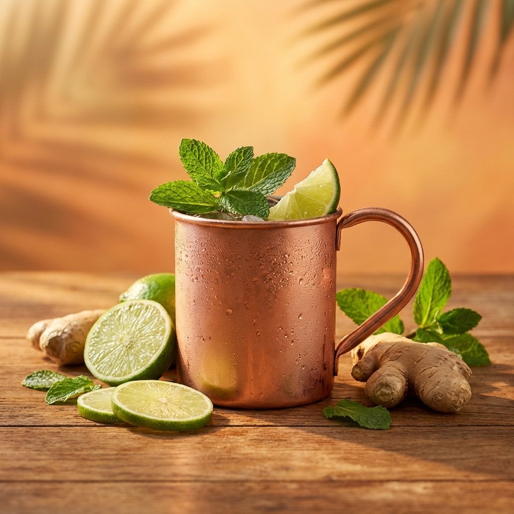 A high-end studio photograph of a [YOUR COCKTAIL], shot from a high-angle slightly top-down perspective. The…