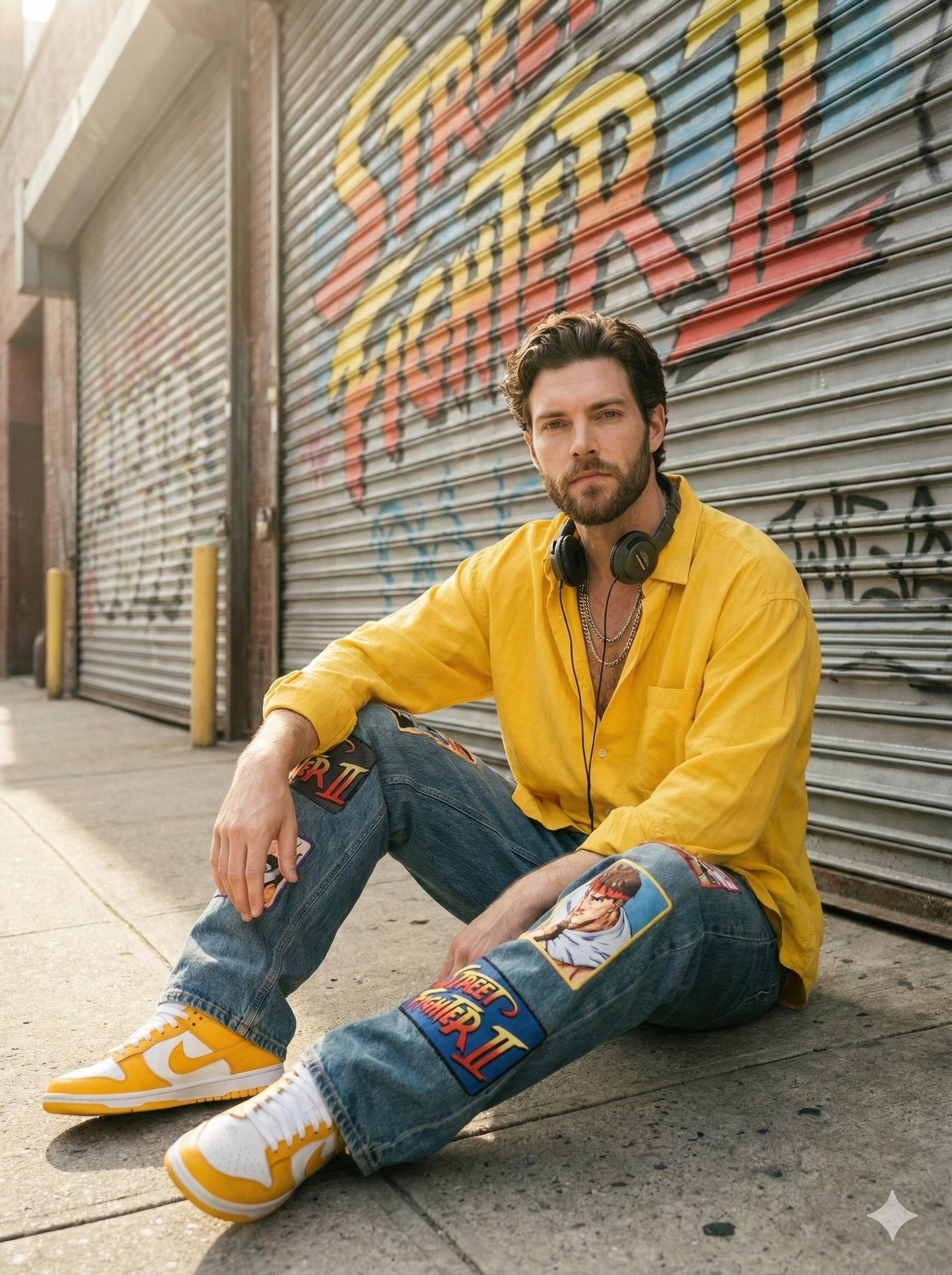 Sunlit urban streetwear portrait of a stylish young man sitting casua…