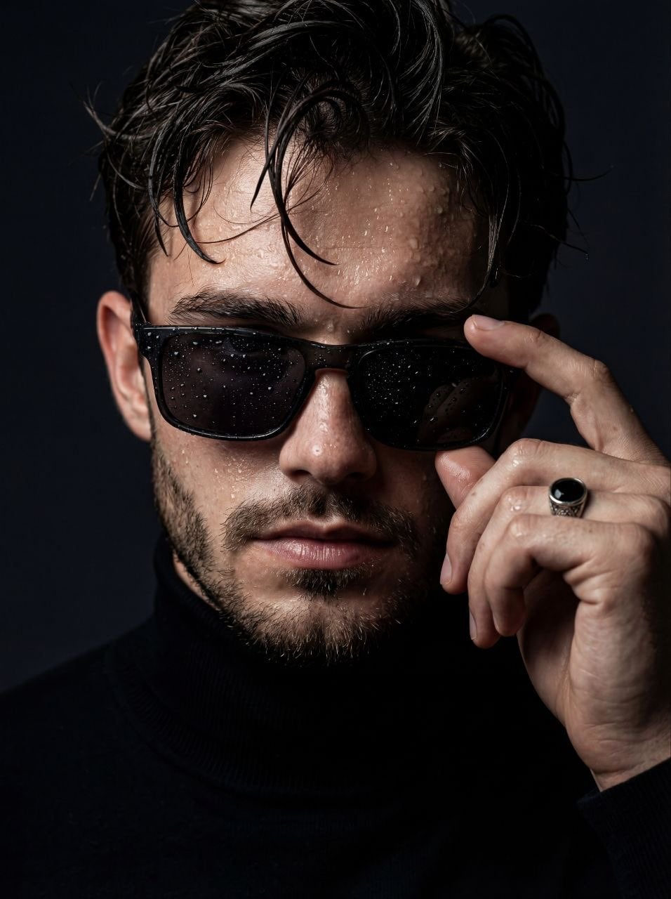 Ultra-realistic cinematic close-up portrait of a young man with wet s…
