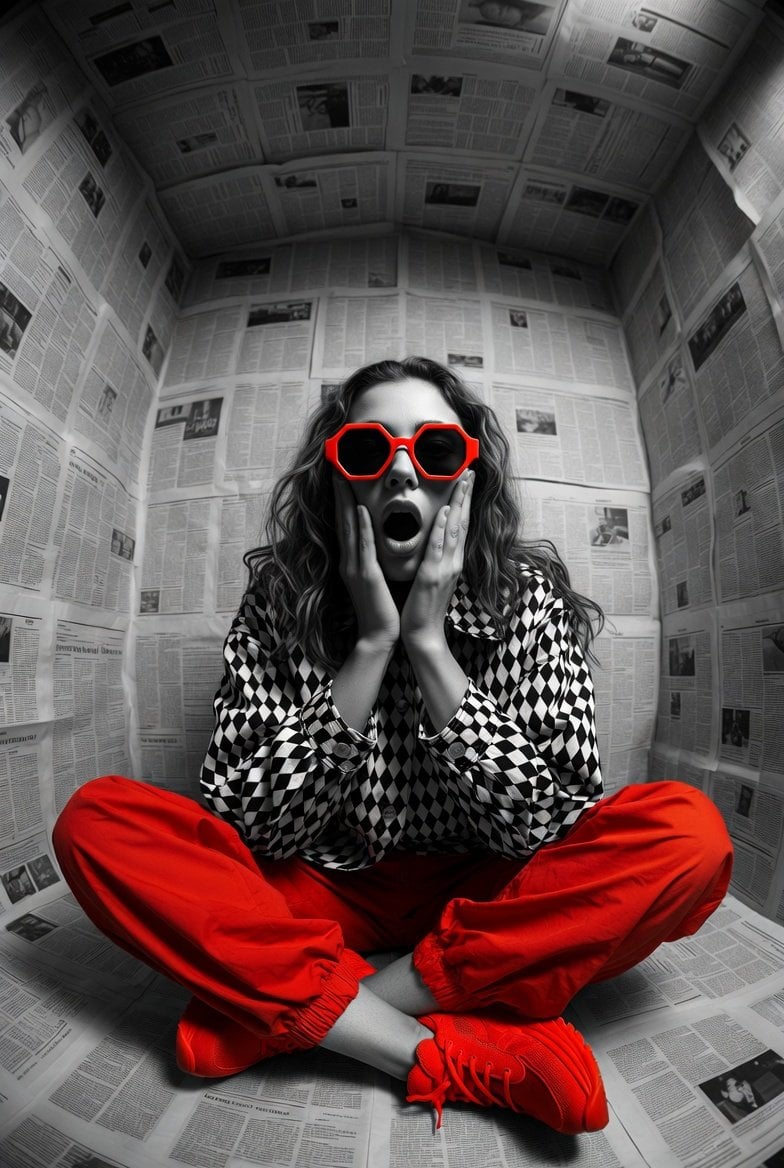 Hyper-realistic editorial photo shot at eye level with a 12mm ultra-w…