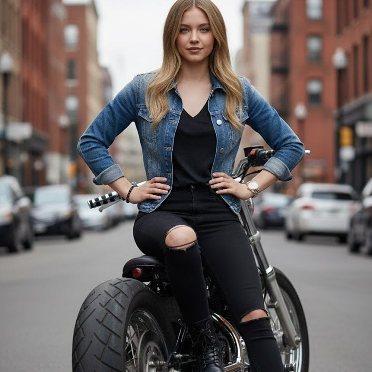 A full-length portrait of a woman with a biker-chic style, sitting si…