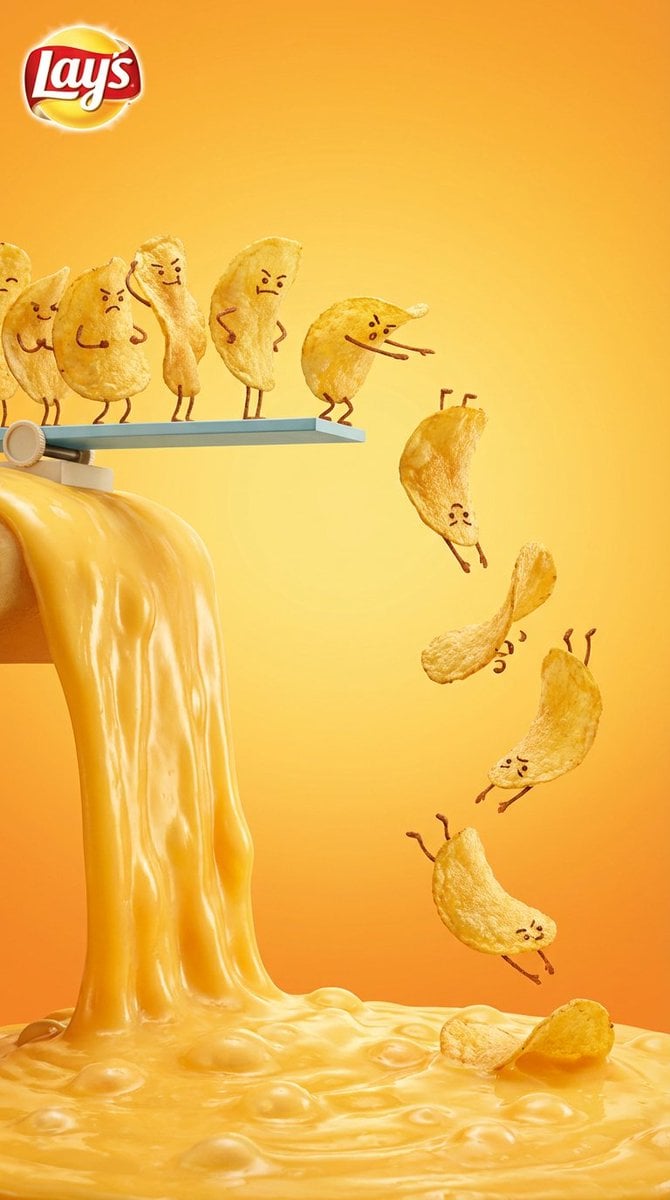 Vertical snack advertising visual with playful anthropomorphic tone.…