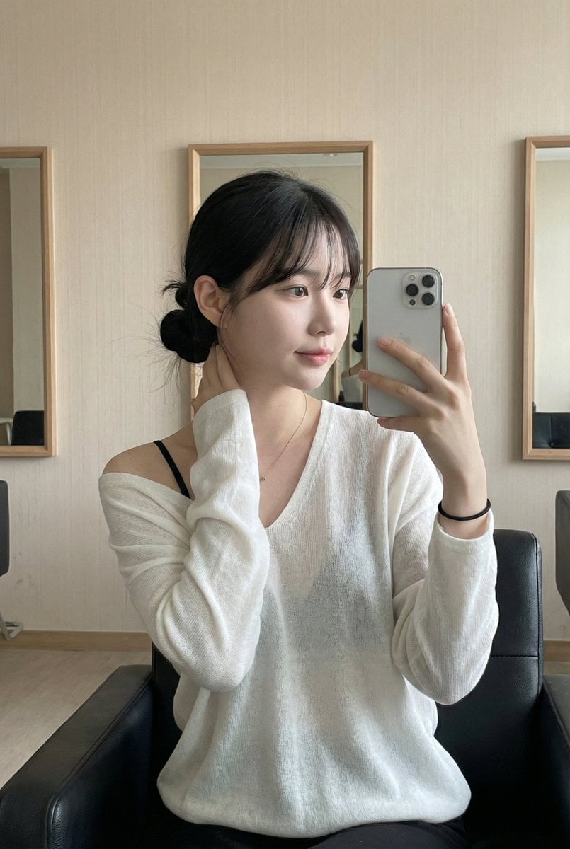 This photo captures a highly atmospheric indoor Mirror Selfie. It freezes a moment of a young Asian woman in…