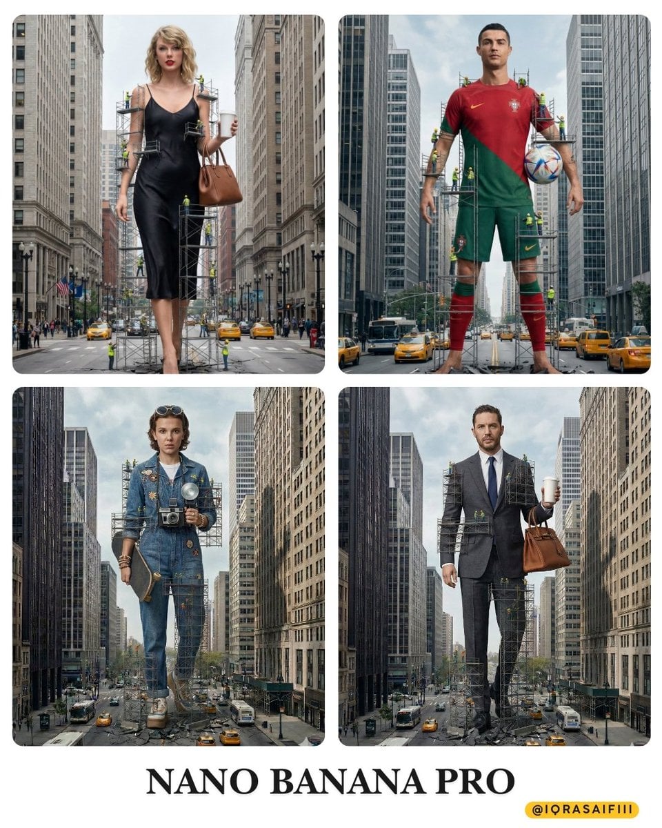 A colossal woman standing in a city street appearing to be 'under con…
