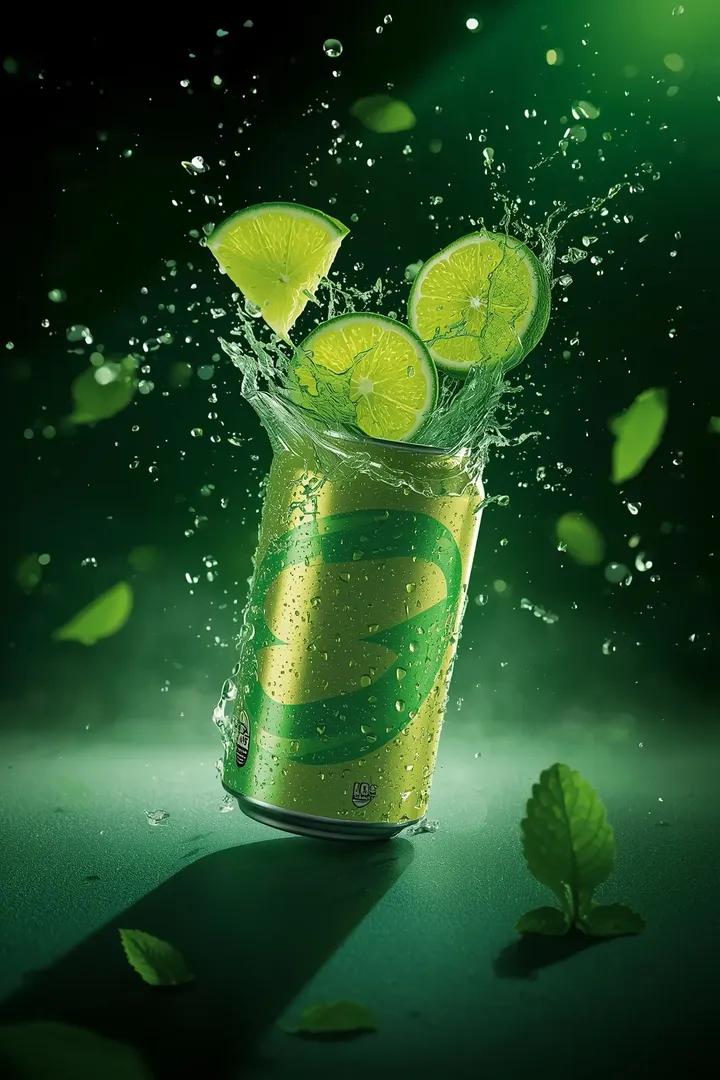 - Ultra-cinematic beverage advertising shot of a sparkling lime soda…