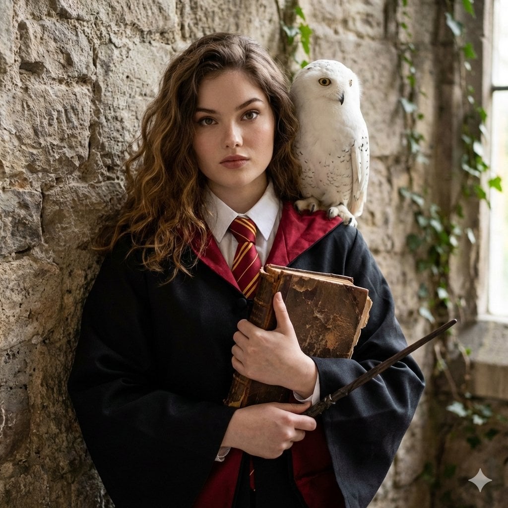 USE UPLOADED PHOTO AS REFERENCE. HOGWARTS-STYLE PHOTOSHOOT. THE GIRL…