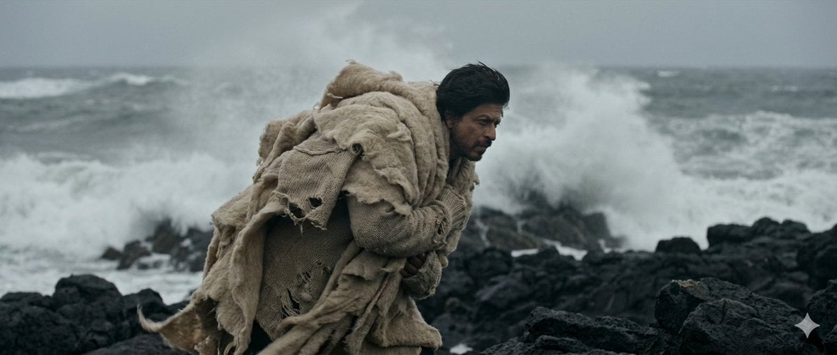 Wide shot, subject acts as an anchor against a raging wind. Standing on a jagged black rock coastline, waves…