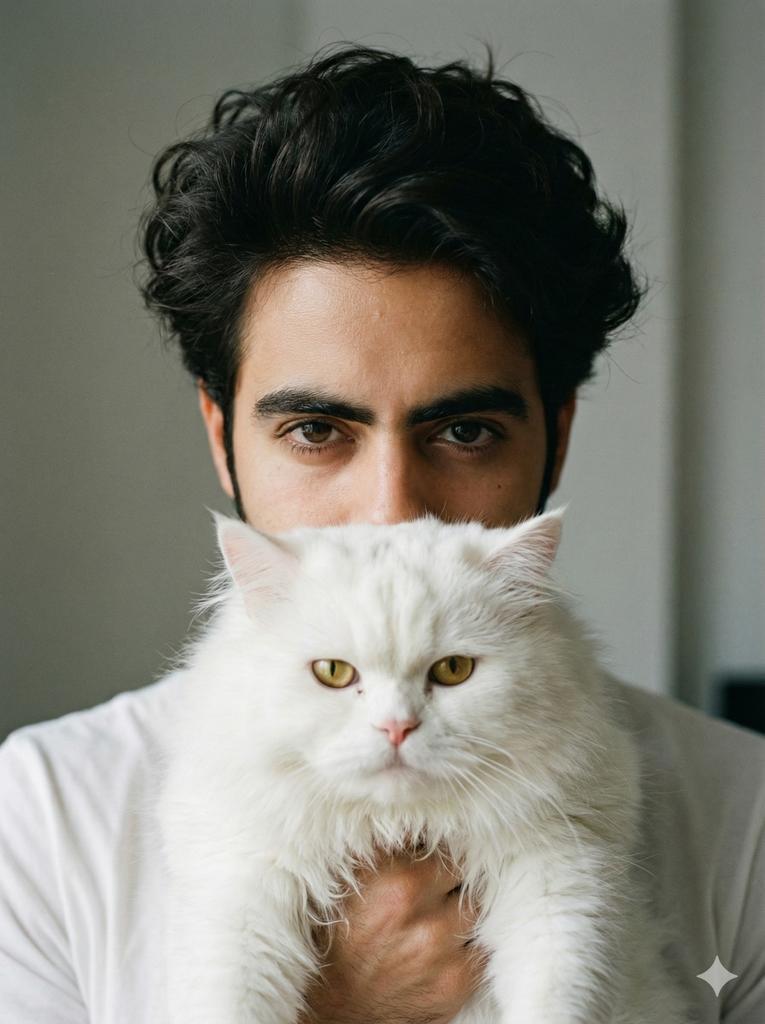 Close-up portrait of a young man Noor with long messy, voluminous dar…