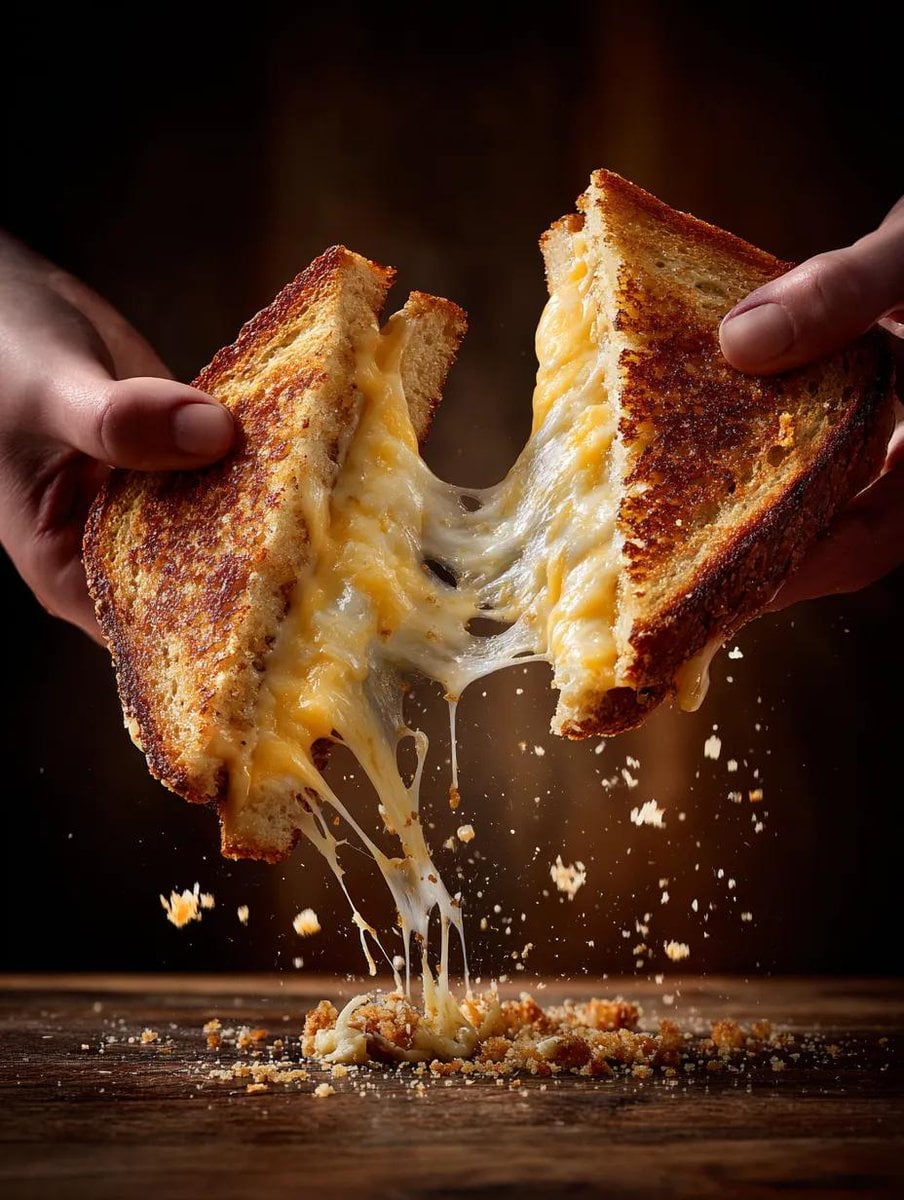 two hands pulling apart a grilled cheese sandwich, strands of melted…