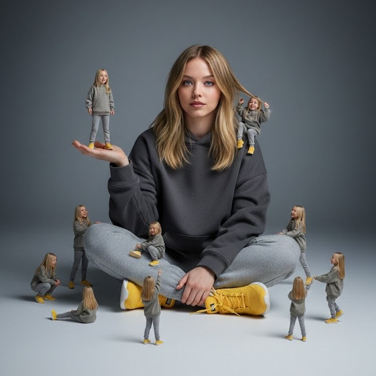 A creative surreal image of a woman sitting on the ground, wearing a…
