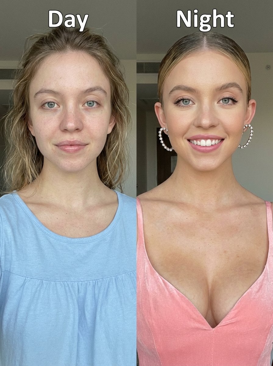 Before-and-after upper-body portrait photo of Sydney Sweeney, smiling…