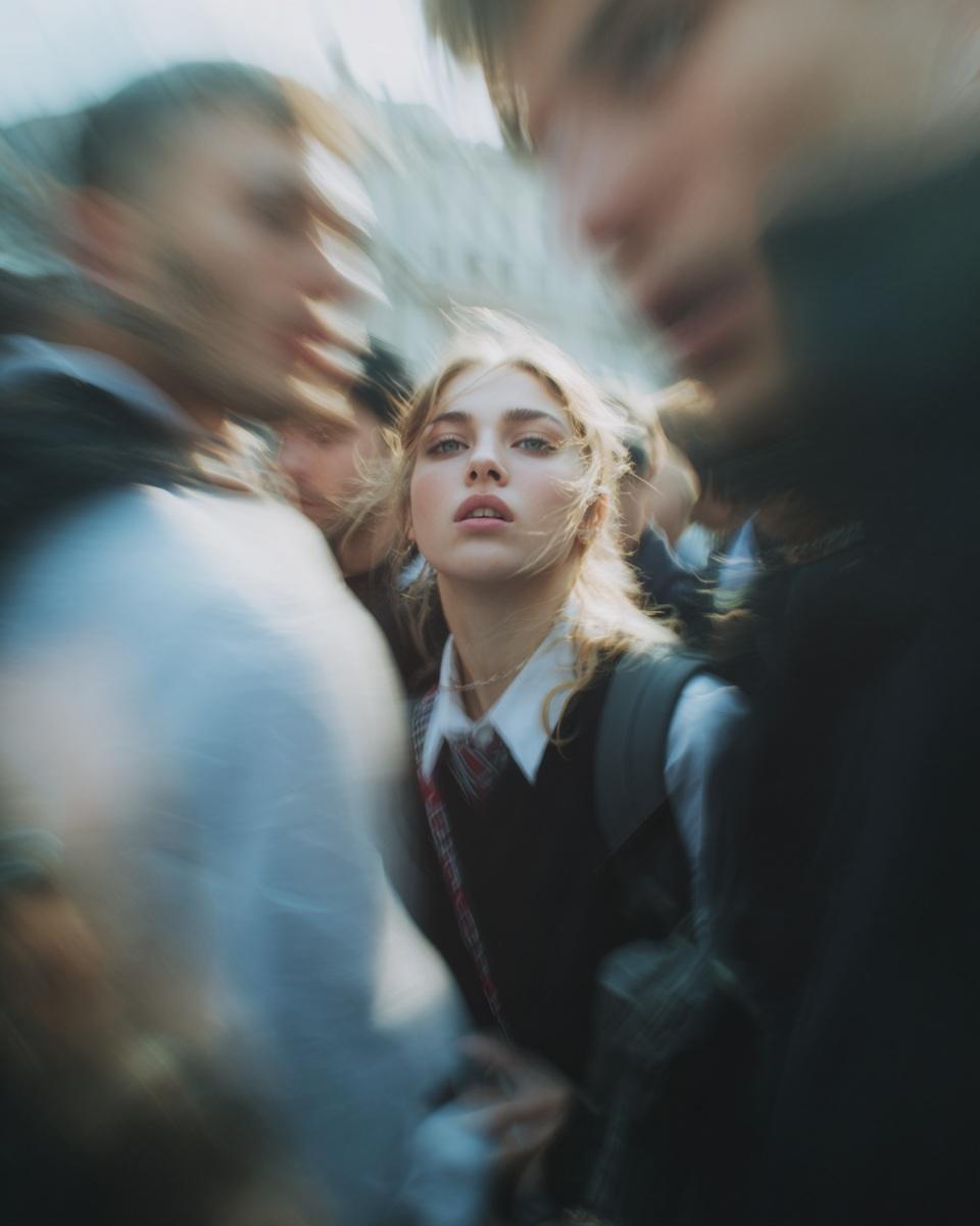 Paparazzi-style extreme close-up photo of a woman with striking facia…