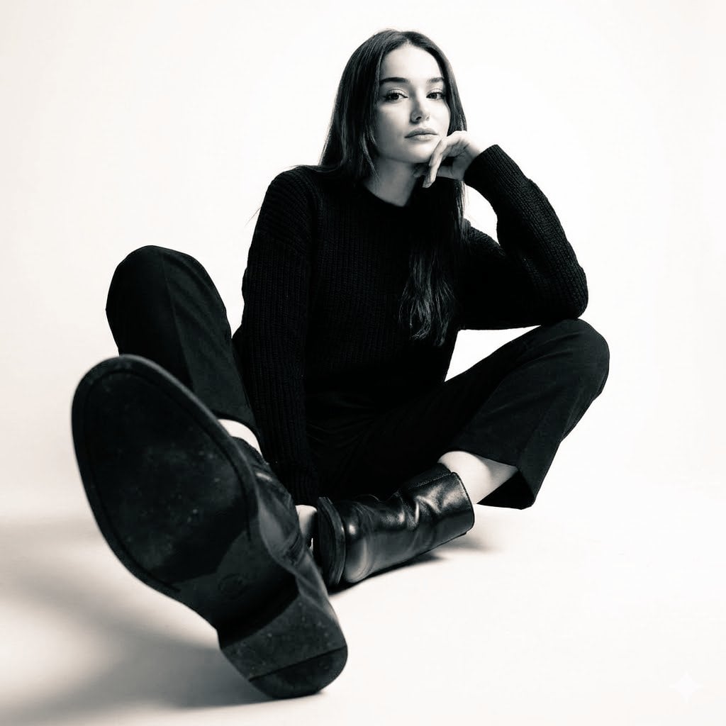 High-contrast black-and-white studio photo of a woman seated on the f…