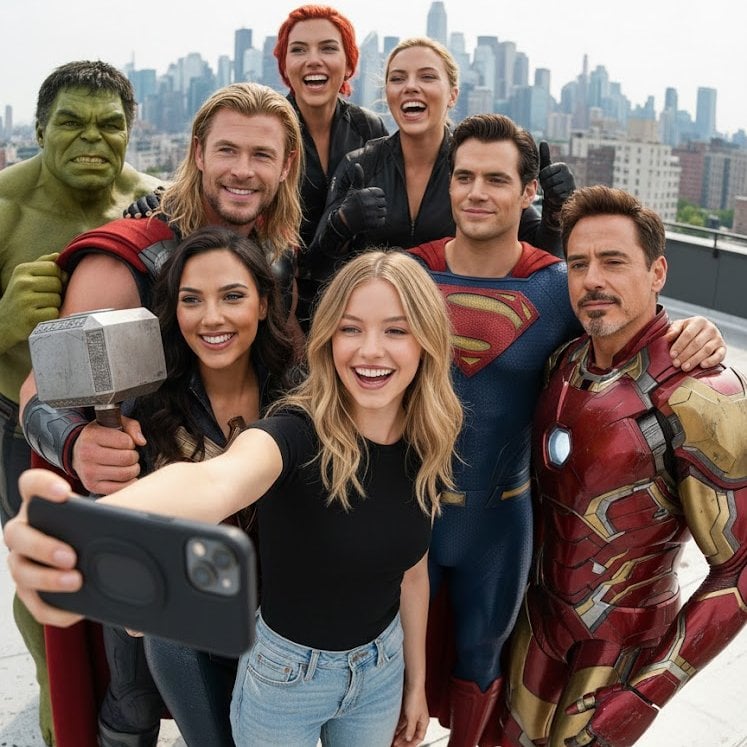 A ultra realistic group selfie, center is the person from the attache…