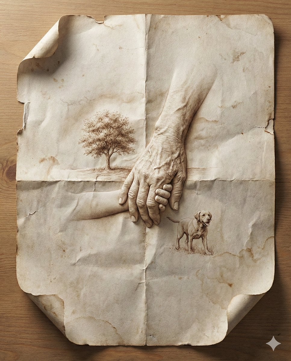 8K Ultra-Realistic Promotional Design a hyper-realistic close-up image of a folded sheet of aged paper. Withi…