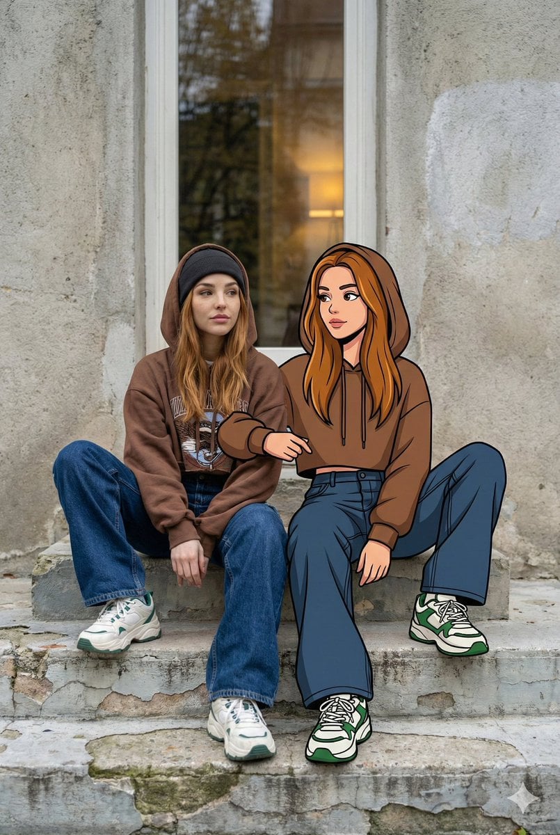 Transform the uploaded image into an ultra-high-resolution mixed-reality street portrait. A young woman (same…